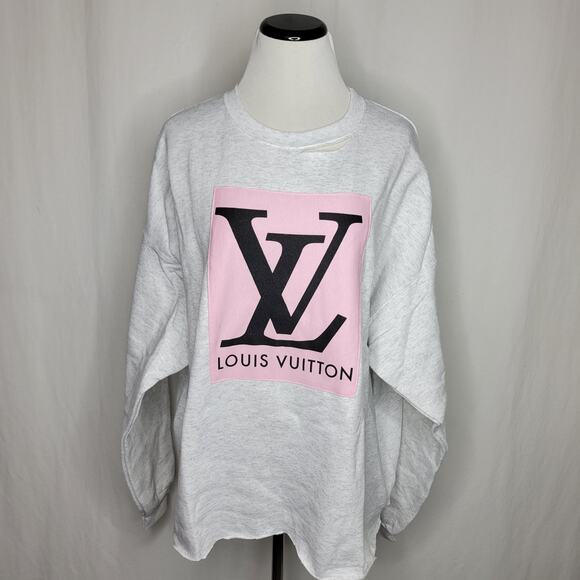 Designer-Ish Gray Pink Patch Distressed Sweatshirt NEW 2XL - Picture 1 of 6